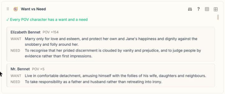 Pride and Prejudice: the what each character wants, and needs panel from the Narrastat Story Health dashboard.